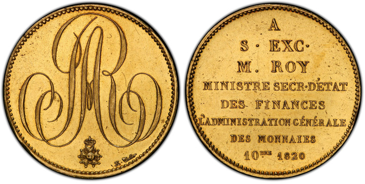 1087507 FRANCE. Louis XVIII. (King, 1814-1824). 1820 (1847) AV Off-Metal or Pattern 5 Francs of 10 Ducats Weight (Mint Visit). PCGS SP61.  By N. Tiolier. Edge: Engraved with : [HON]NOREZ AUGUSTE (MARIÉS À ?) RIS 2 AOUT 184[7]. 37mm. 36.36gm. Monog...