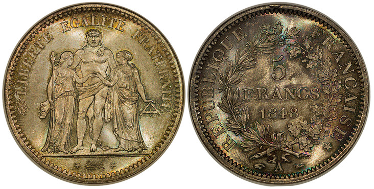 1087667 FRANCE. 1848-A AR 5 Francs. NGC MS66.  Paris. Edge: Lettered. Hercules group / Denomination within wreath. KM 756.1; Dav.-92; Gad-683.
Some damage to NGC hologram (old thick NGC holder).

Please use this link to verify the NGC certificatio...