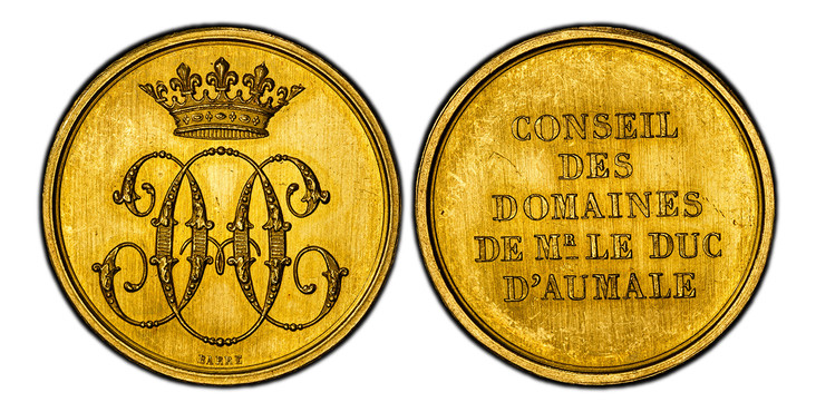 1085564 FRANCE. Henri d'Orléans. (President of the General Consul of l'Oise, 1871-1886). (1860-79) AV Jeton of 3 Ducats Weight. PCGS MS63.  By Barre. Paris. Edge: (bee) OR. 25mm. 9.09gm. Crowned monogram; signed below / CONSEIL/ DES/ DOMAINES/ DE ...