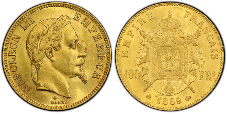 1087513 FRANCE. Napoleon III. (Emperor, 1842-1870). 1869-BB AV 100 Francs. PCGS MS64.  By Barre. Strasbourg. Edge: DIEU PROTEGE LA FRANCE. 35mm. NAPOLEON III EMPEREUR. Laureate head right / EMPIRE FRANCAIS. Crowned and mantled arms divide denomina...