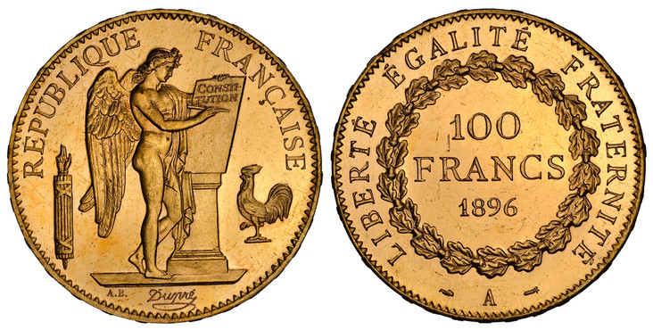 1087524 FRANCE. Third Republic. (1871-1940). 1896-A AV 100 Francs. NGC MS63 PL (Prooflike).  Paris. Edge: DIEU PROTEGE LA FRANCE. Standing Genius writing the Constitution, rooster on right, fasces on left / Denomination above date within circular ...