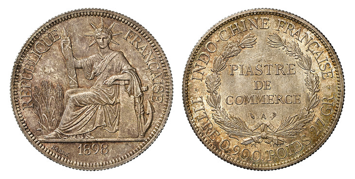 1086074 FRENCH INDO-CHINA. 1898-A AR Piastre. NGC MS64.  Paris. 26.98gm. Liberty seated left with fasces / TITRE 0.900 POIDS 27 GR. Denomination within wreath. KM 5a.1.

Currently the finest known at NGC as of December 2025

Please use this link t...