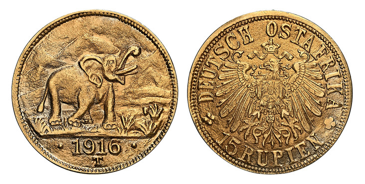 1087116 GERMAN EAST AFRICA. Wihelm II. 1916-T AV 15 Rupien. NGC MS63.  Tabora. Crowned imperial eagle above denomination, right arabesque ends below first "A" of "OSTAFRIKA" / Elephant roaring right above date. KM 16.2; Friedberg 1; Jaeger 782a.

...