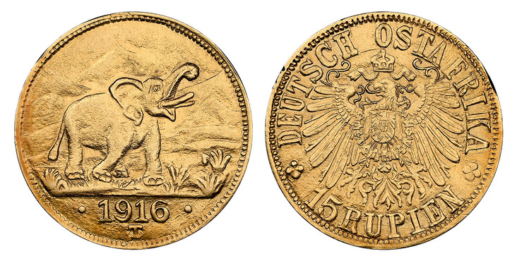 1087548 GERMAN EAST AFRICA. Wihelm II. 1916-T AV 15 Rupien. NGC MS64.  Tabora. Crowned imperial eagle, right arabesque ends below "T" of "OSTAFRIKA" / Elephant roaring right above date. KM 16.1; Jaeger 728b.

Tabora Emergency Issue.

Please use th...