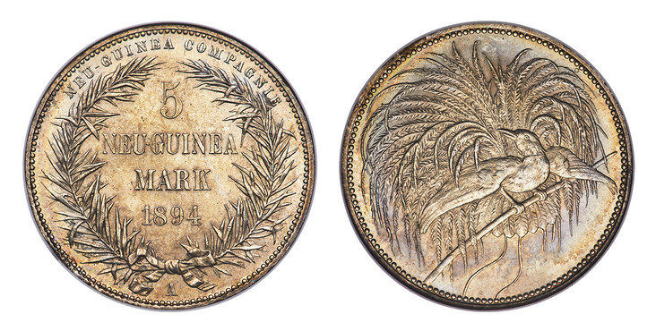 1085548 GERMAN NEW GUINEA. 1894-A AR 5 Mark. NGC MS64.  Berlin. Denomination and date in palm wreath / Bird of Paradise. KM 7; Dav.-429; Jaeger 707.

Please use this link to verify the NGC certification number <a href="https://www.ngccoin.com/cert...