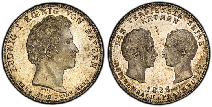 1086641 GERMAN STATES. Bavaria. Ludwig I. 1826 AR Thaler. PCGS MS64.  Edge: Reeded. LUDWIG KOENIG VON BAYERN,  ZEHN EINE FEINE MARK below. Head right / DEM VERDIENSTE SEINE KRONEN, REICHENBACH - FRAUNHOFER below. Profiles facing each other. KM 721...