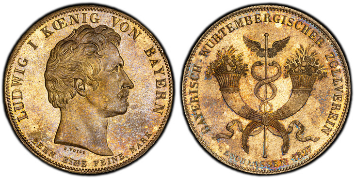 1086642 GERMAN STATES. Bavaria. Ludwig I. 1827 AR Thaler, Convention. PCGS MS64.  Edge: Reeded. LUDWIG I KOENIG VON BAYERN, ZEHN EINE FEINE MARK. Head right / BAYERISCH - WURTEMBERGISCHER ZOLLVERIN,  GESCHLOSSEN. Caduceus at center of crossed corn...