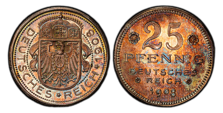 1086679 GERMAN STATES. Bavaria. 1908-D AR Pattern 25 Pfenning. PCGS SP66.  By Karl Goetz. Munich. 22.5mm. 4.02gm. Denomination and date / Crowned shield of arms over eagle on large shield; banner draped to eigher side; all within beaded circle. Ja...
