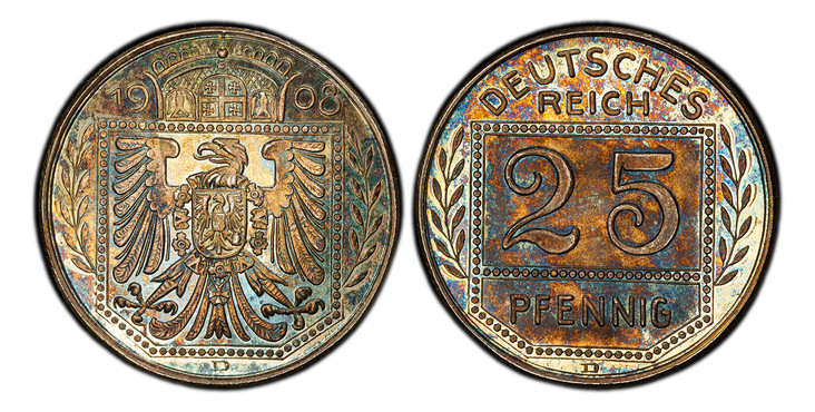 1086681 GERMAN STATES. Bavaria. 1908-D AR Pattern 25 Pfenning. PCGS SP65.  By Karl Goetz. Munich. 22.5mm. 4.04gm. Denomination within shield; branches to either side and mintmark below / Crowned shield of arms with eagle' date divided by crown abo...