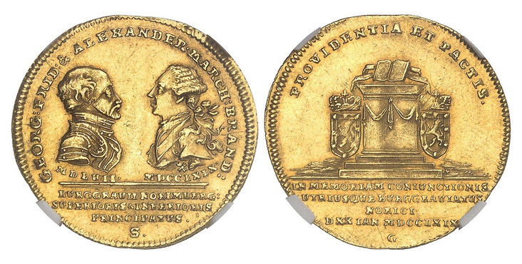 1087475 GERMAN STATES. Brandenburg-Ansbach. Alexander. 1769 S AV Ducat. NGC AU55.  By J. S. Gözinger. Schwabach. 23mm. GEORG. FRID: & ALEXANDER. MACRCH: BRAND:/ MDLVII. - MDCCLXIX./ BVRGGRAVII NORIMBERG: SVPERIORIS & INFERIORIS PRINCIPATVS/ S. Fac...
