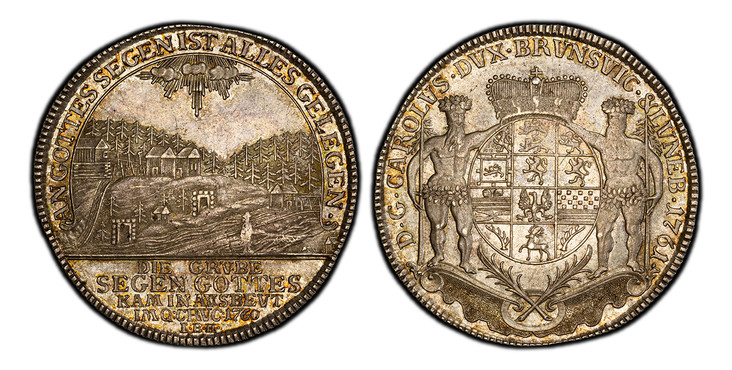 1087128 GERMAN STATES. Brunswick-Wolfenbuttel. Karl I. 1761 IBH AR Thaler. PCGS MS64.  Zellerfeld. 29.05gm. D.G. CAROLVS · DVX · BRVNSVIC · LVNEB ·. Crowned complex oval arms with wildmen supporters / AN GOTTES SEGEN IST ALLES GELEGEN. DIE GRVBE /...