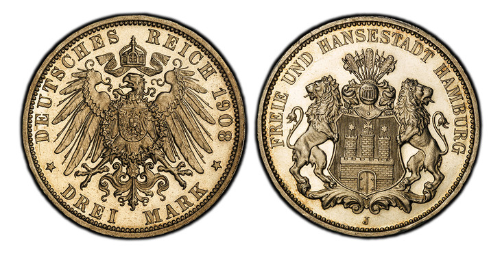 1086171 GERMAN STATES. Hamburg. 1908-J AR 3 Mark. PCGS PR64 Cameo.  Hamburg. Edge: GOTT MIT UNS. Three tower castle on helmeted shield with supporters / Crowned imperial eagle, shield on breast. KM 620; Jaeger 64.

Please use this link to verify t...