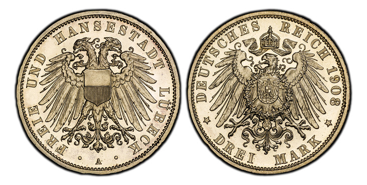 1086910 GERMAN STATES. Lubeck. 1908-A AR 3 Mark. PCGS PR63 Cameo.  Berlin. Edge: GOTT MIT UNS. Double imperial eagle with divided shield on breast / Crowned imperial eagle, shield on breast. KM 215; Jaeger 82; Dav.-477.

Please use this link to ve...