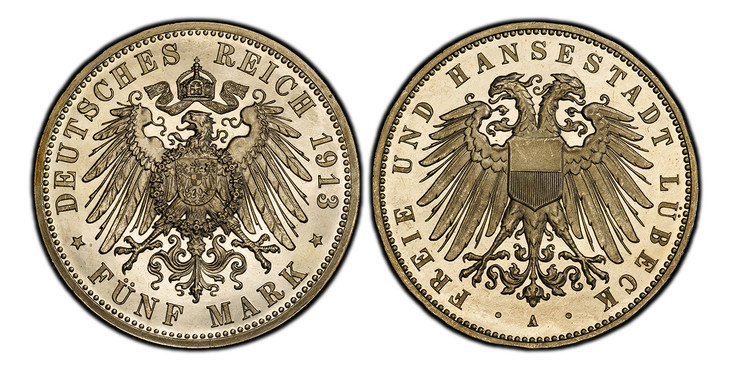 1085085 GERMAN STATES. Lubeck. 1913-A AR 5 Mark. PCGS PR64 Cameo.  Berlin. Double imperial eagle with divided shield on breast / Crowned imperial eagle, shield on breast. KM 213. Proof; Jaeger 83.

Please use this link to verify the PCGS certifica...