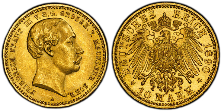 1087104 GERMAN STATES. Mecklenburg-Schwerin. Friedrich Franz III. 1890-A AV 10 Mark. PCGS MS65.  Berlin. Head right / Crowned imperial eagle. KM 325; Jaeger 232.

Please use this link to verify the PCGS certification number <a href="http://www.pcg...