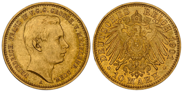 1087157 GERMAN STATES. Mecklenburg-Schwerin. Friedrich Franz IV. 1901-A AV 10 Mark. NGC MS65.  By Otto Schultz. Berlin. Edge: ~ * ~. Head right / Crowned imperial eagle, shield on breast, type III. KM 331; Jaeger 233; Fr.-3805.

Celebrating his co...
