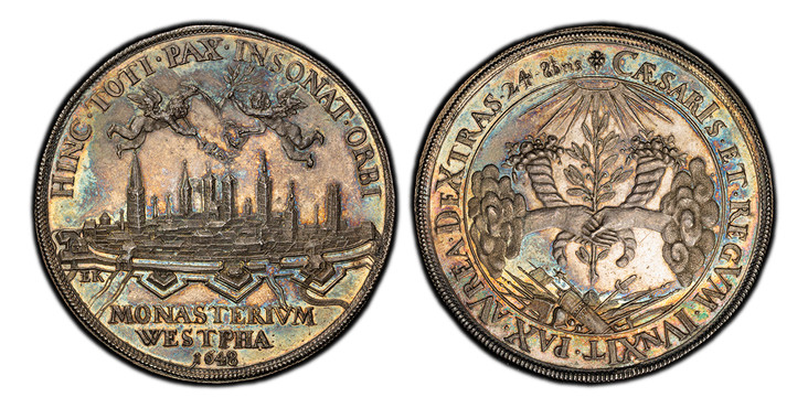 1086461 GERMAN STATES. Münster. 1648 AR 1 1/4 Thaler or Medallic 1 1/4 Thaler. PCGS MS64.  By Engelbert Kettler. 52.5mm. Cityscape of Münster; two angels above, one holding palm leaf and trombone sounding "PAX" and the other holding laurel branch ...