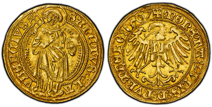 1086081 GERMAN STATES. Nürnberg. 1507 AV Goldgulden. PCGS MS62.  3.26gm. [+]MONETA:9VNIS: D: NURMBERG: (date). Eagle with 'N' in square on breast, legend in Gothci letters ending with date / SANCTVS(::)LA - VRENTIVS:. Full-length facing figure of ...