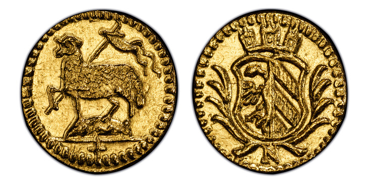 1084227 GERMAN STATES. Nürnberg. (1700-Dated) AV 1/16 Ducat. PCGS MS64.  N. 0.23gm. Crowned arms in branches / Paschal lamb. KM 246; Fr.-1895; Kellner 102.

Please use this link to verify the PCGS certification number <a href="http://www.pcgs.com/...