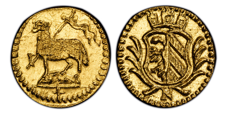 1084228 GERMAN STATES. Nürnberg. (1700-Dated) AV 1/16 Ducat. PCGS MS65.  N. 0.27gm. Crowned arms in branches / Paschal lamb. KM 246; Fr.-1895; Kellner 102.

Please use this link to verify the PCGS certification number <a href="http://www.pcgs.com/...