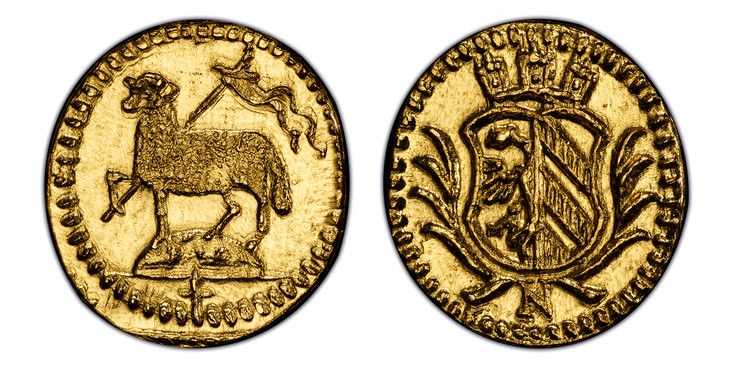 1084291 GERMAN STATES. Nürnberg. (1700-Dated) AV 1/16 Ducat. PCGS MS66.  N. 0.27gm. Crowned arms in branches / Paschal lamb. KM 246; Fr.-1895; Kellner 102.

Please use this link to verify the PCGS certification number <a href="http://www.pcgs.com/...