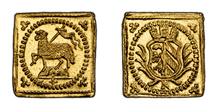 1084293 GERMAN STATES. Nürnberg. (1700-Dated)-N AV 1/8 Ducat, Klippe. PCGS MS67.  0.46gm. Crowned arms in branches / Paschal lamb. KM 249; Fr.-1894; Kellner 99.

Please use this link to verify the PCGS certification number <a href="http://www.pcgs...