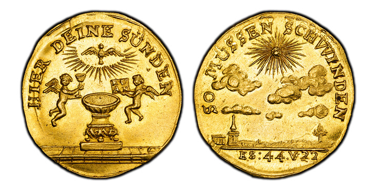 1083403 GERMAN STATES. Nürnberg. (c.1750) ND AV Medallic Ducat. PCGS MS61.  3.49gm. SO MÜSSEN SCHWINDEN. Radiant sun and clouds above a landscape with a church / HIER DEINE SÜNDEN. Two floating angels with a chalice and gospel next to a baptismal ...