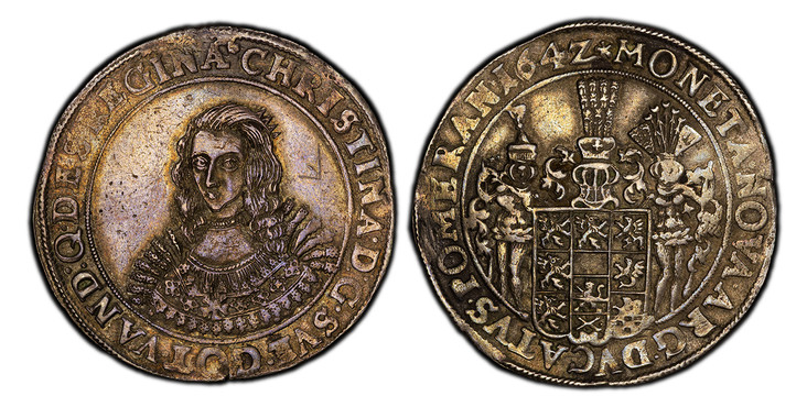 1087158 GERMAN STATES. Pomerania. Christina of Sweden. 164Z (1642) AR Thaler. PCGS Genuine - XF Details Graffiti.  Stettin Mint. Bust of Christina with curly hair, left / Helmeted, supported shield of arms. KM 193.2; Dav.-4573.

Small obverse graf...