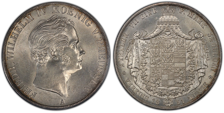 1087673 GERMAN STATES. Prussia. Friedrich Wilhelm IV. 1851-A AR 2 Thaler, 3-1/2 Gulden. PCGS MS65.  Berlin. Edge: Gott Mit Uns. FRIEDR. WILHELM IV KOENIG V. PREUSSEN. Head right / 2 THALER VII EINE F. MARK 3 1/2 GULDEN * VEREINS date MUNZE. Differ...