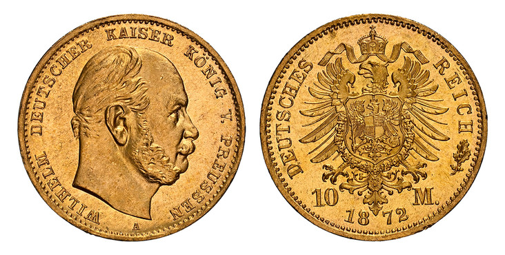 1084414 GERMAN STATES. Prussia. Wilhelm I. (Emperor, 1871-1888). 1872-A AV 10 Mark. NGC MS67.  Berlin. WILHELM DEUTSCHER KAISER KONIG V. PREUSSEN. Head right / DEUTSCHES REICH. Crowned imperial eagle. KM 502; Jaeger 242.

Please use this link to v...