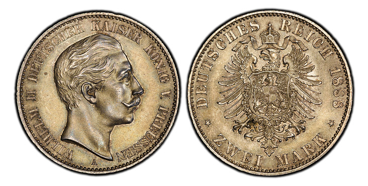 1083248 GERMAN STATES. Prussia. Wilhelm II. (Kaiser, 1888-1918). 1888-A AR 2 Mark. PCGS MS64.  Berlin. WILHELM II DEUTSCHER KAISER KONIG V. PREUSSEN. Head right / DEUTSCHES REICH date, ZWEI MARK below. Crowned imperial eagle. KM 511; Jaeger 100.

...