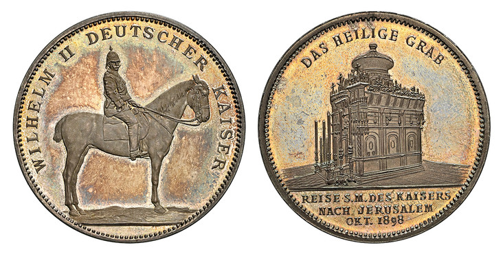 1083795 GERMAN STATES. Prussia. Wilhelm II. (Kaiser, 1888-1918). 1898 AR Medal. NGC MS66.  33.57mm.  18.96gm. The Emperor mounted on horseback to right / The Holy Sepulchre. Marienburg 7131; cf. Whiting 815; Unlisted in Opitz.

To commemorate the ...
