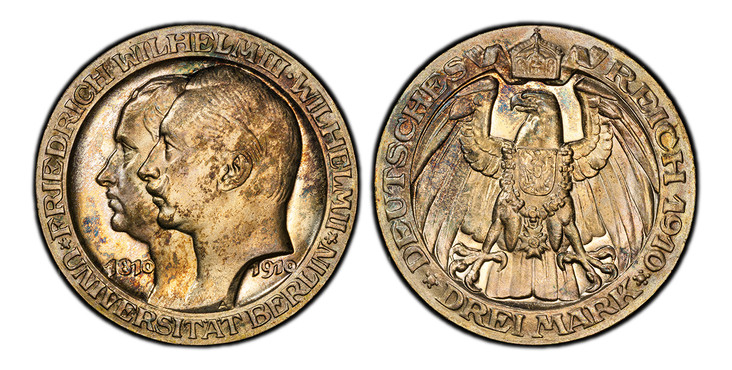 1086626 GERMAN STATES. Prussia. Wilhelm II. 1910-A AR 3 Mark. PCGS PR65.  Berlin. Edge: GOTT MIT UNS. Friedrich Wilhelm III and Wilhelm II left divide dates / Crowned imperial eagle with shield on breast. KM 530. Proof; Jaeger 107.

From a reporte...