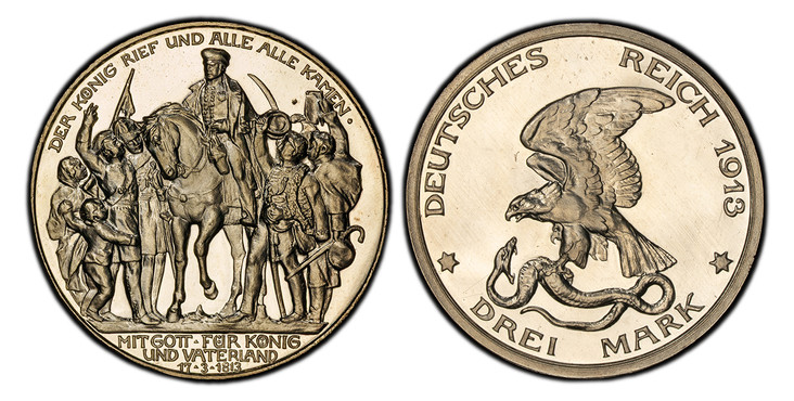 1086674 GERMAN STATES. Prussia. Wilhelm II. 1913 AR 3 Mark. PCGS PR65 Cameo.  Edge: GOTT MIT UNS. Eagle with snake in talons, denomination below / Figure on horseback surrounded by people. KM 534; Jaeger 110.

Please use this link to verify the PC...
