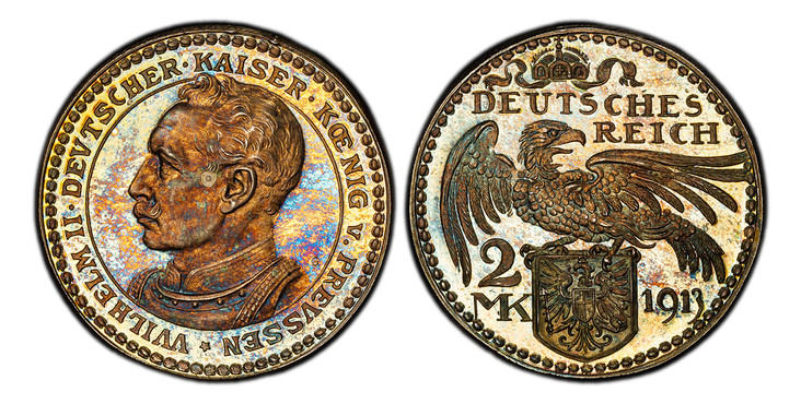 1086683 GERMAN STATES. Prussia. Wilhelm II. 1913 AR Pattern 2 Mark. PCGS SP65.  By Karl Goetz. 28mm. 8.22gm. Bust left / Eagle with wings spread, arms below. KM X-2c; Schaaf 111/G3; Kienast 76; Jaeger 111; Slg.Böttcher 5236.

Rare in silver.

Plea...