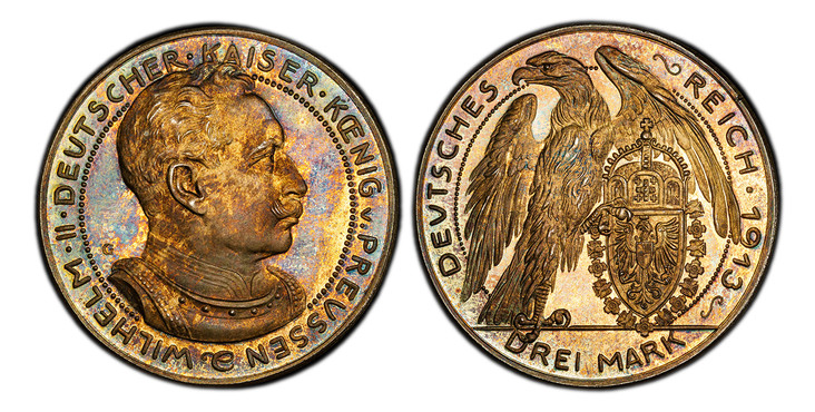 1086684 GERMAN STATES. Prussia. Wilhelm II. 1913 G AR Pattern 3 Mark. PCGS SP65.  By Karl Goetz. 33mm. 13.55gm. Armored bust right / Eagle supports shield in Collar of the Black Eagle. KM X-3a; Jaeger 113; Schaaf 113/G1; Kienast 76; Böttcher 5238....