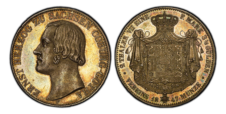 1087134 GERMAN STATES. Saxe-Coburg-Gotha. Ernst II. 1847 F AR 2 Thaler, 3-1/2 Gulden. PCGS MS62.  Dresden. Edge: NACH DER CONVENTION VOM 30 IULY 1838 *. 37.10gm. ERNST HERZOG ZU SACHSEN COBURG-GOTHA. Head left / 2 THALER VII EINE F. MARK 3 1/2 GUL...