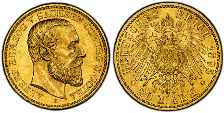 1087110 GERMAN STATES. Saxe-Coburg-Gotha. Alfred. 1895-A AV 20 Mark. PCGS MS64.  ALFRED HERZOG VON SACHSEN COBURG U. GOTHA. Head right / DEUTSCHES REICH date, 20 MARK below. Crowned imperial eagle. KM 163; Jaeger 272.

Please use this link to veri...