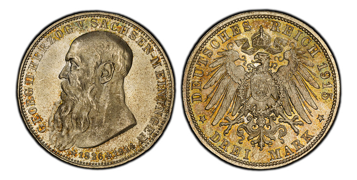 1085182 GERMAN STATES. Saxe-Meiningen. Bernhard III. 1915-(D) AR 3 Mark. PCGS MS66.  Munich. Edge: GOTT MIT UNS. 16.64gm. Head left, long beard / Crowned imperial eagle with shield on breast. KM 207; Jaeger 155.

Death of Georg II.

Please use thi...