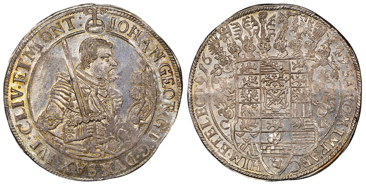 1087320 GERMAN STATES. Saxony-Albertine. Johann Georg I. 1649 CR AR Thaler. NGC MS65.  Armored bust, right with sword over left shoulder; orb above head and plumed helmet in the right field before portrait / 8 helmets above shield dividing date. K...