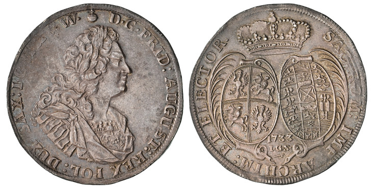 1087707 GERMAN STATES. Saxony-Albertine. Friedrich August I. 1733 IGS AR Thaler. NGC MS61.  Dresden. D · G · FRID: AUGUST: REX POL: DUX SAX: I · C · M · A · & W ·. Armored, draped bust right / SAC: ROM: IMP: ARCHIM: ET ELECTOR ·. Crowned shields o...