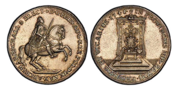 1087131 GERMAN STATES. Saxony-Albertine. Friedrich August II. 1741 FWoF AR Thaler. PCGS MS64.  26.03gm. D · G · FRID · AUG · REX POL · DUX SAX · ARCHIMARESCHALL · & ELECT ·*. Figure on rearing horse right / IN PROVINCIIS IUR · SAXON · PROVISOR ET ...