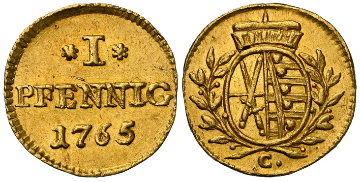 1087421 GERMAN STATES. Saxony-Albertine. Friedrich August III. 1765 C AV Off Metal Pfennig. NGC MS63.  Dresden. 0.86gm. Denomination •I•; date below / Crowned oval shield of arms within branches, C. below. KM Pn43 (cf. KM 980); Kahnt 1060; Schl.-9...