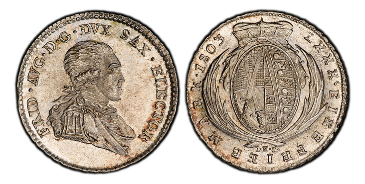 1086671 GERMAN STATES. Saxony-Albertine. Friedrich August III. (King, 1763-1806). 1803 IEC (Johann Ernst Croll, Mintmaster) AR 1/6 Thaler, 1/4 Gulden. PCGS MS64.  Dresden. 5.33gm. FRID. AVG. D. G. DVX SAX. ELECTOR. Uniformed bust right / LXXX. EIN...