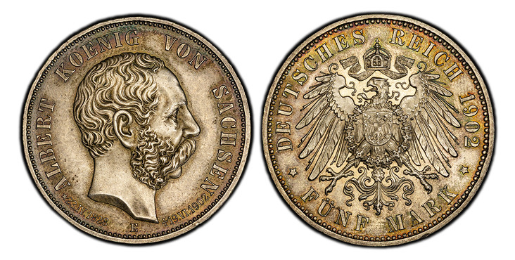 1086676 GERMAN STATES. Saxony-Albertine. Albert. (King, 1873-1902). 1902-E AR 5 Mark. PCGS MS64.  Muldenhutten. Edge: GOTT MIT UNS. ALBERT KOENIG VON SACHSEN. Head right / DEUTSCHES REICH date, FUNF MARK below. Crowned imperial eagle. KM 1246; Jae...