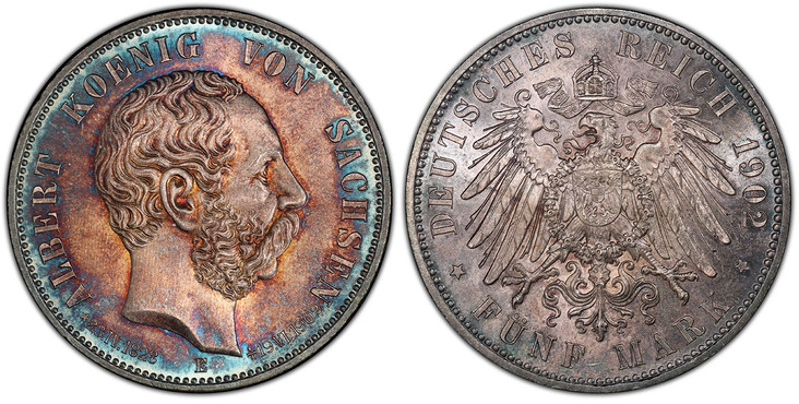 1087663 GERMAN STATES. Saxony-Albertine. Georg. 1903-E AR 5 Mark. PCGS MS67.  Muldenhutten. Edge: GOTT MIT UNS. Head right / Crowned imperial eagle with shield on breast. KM 1258.

Superbly toned.

Please use this link to verify the PCGS certifica...
