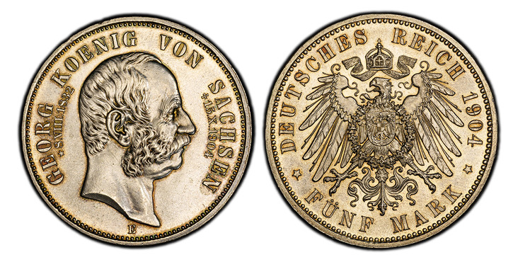 1085181 GERMAN STATES. Saxony-Albertine. Georg. 1904-E AR 5 Mark. PCGS MS64.  Muldenhutten. Edge: GOTT MIT UNS. 27.74gm. Head right / Crowned imperial eagle with shield on breast. KM 1258; Jaeger 133.

Please use this link to verify the PCGS certi...