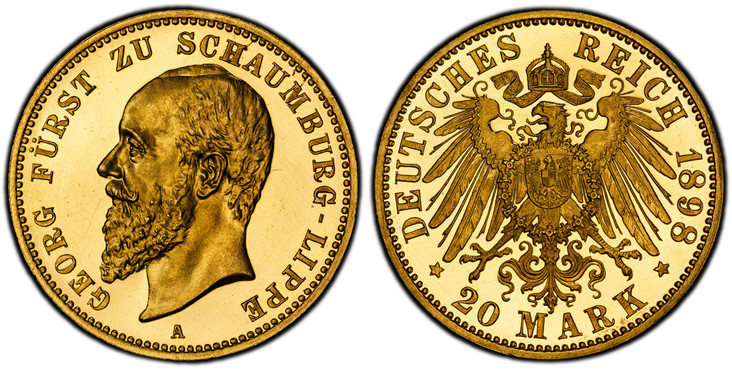 1087111 GERMAN STATES. Schaumburg-Lippe. Albrecht Georg. 1898-A AV 20 Mark. PCGS PR65DCAM (Deep Cameo).  Berlin. Edge: GOTT MIT UNS. GEORG FURST ZU SCHAUMBURG-LIPPE. Head left / DEUTSCHES REICH date, 20 MARK below. Crowned imperial eagle with shie...