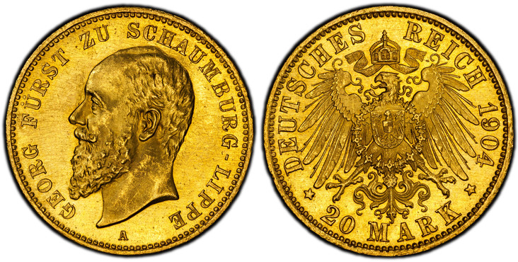 1087113 GERMAN STATES. Schaumburg-Lippe. Albrecht Georg. 1904-A AV 20 Mark. PCGS MS65.  Berlin. Edge: GOTT MIT UNS. GEORG FURST ZU SCHAUMBURG-LIPPE. Head left / DEUTSCHES REICH date, 20 MARK below. Crowned imperial eagle with shield on breast. KM ...