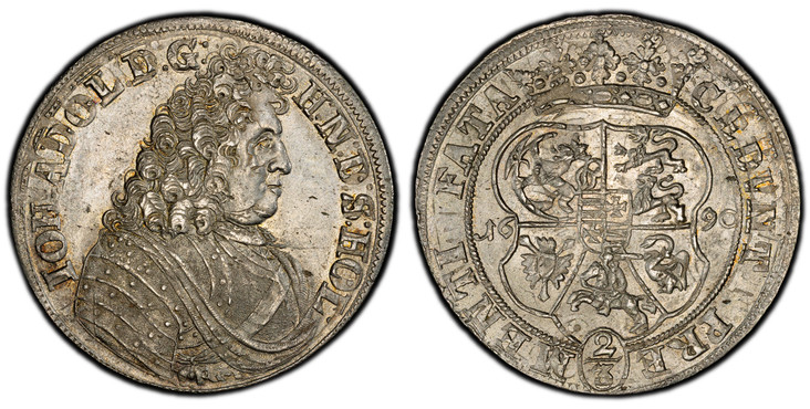 1083121 GERMAN STATES. Schleswig-Holstein-Ploen. Johann Adolf. (1671-1704). 1690 AR 2/3 Thaler. PCGS MS63.  16.08gm. Large armored bust right / Crowned shield in circle, value below. KM 16; Dav.-571; Lange 761d.

Please use this link to verify the...